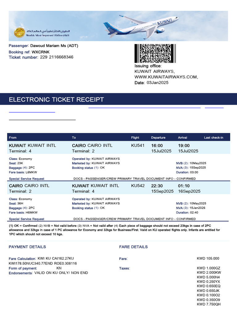 Kuwait Airways Electronic Ticket Receipt | PDF | Aviation
