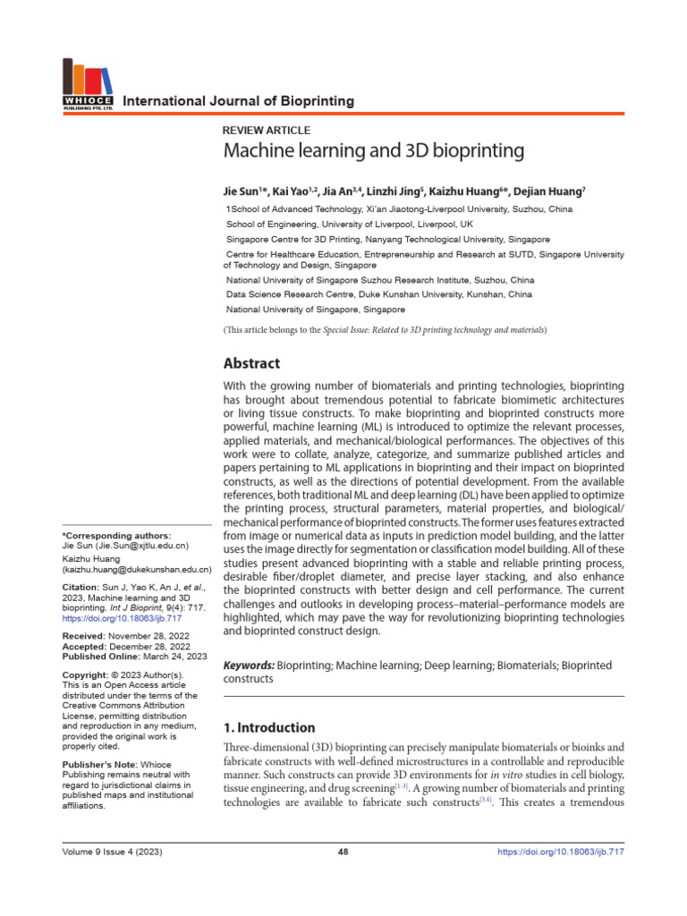 Machine Learning in 3D Bioprinting | PDF | Machine Learning | Support ...