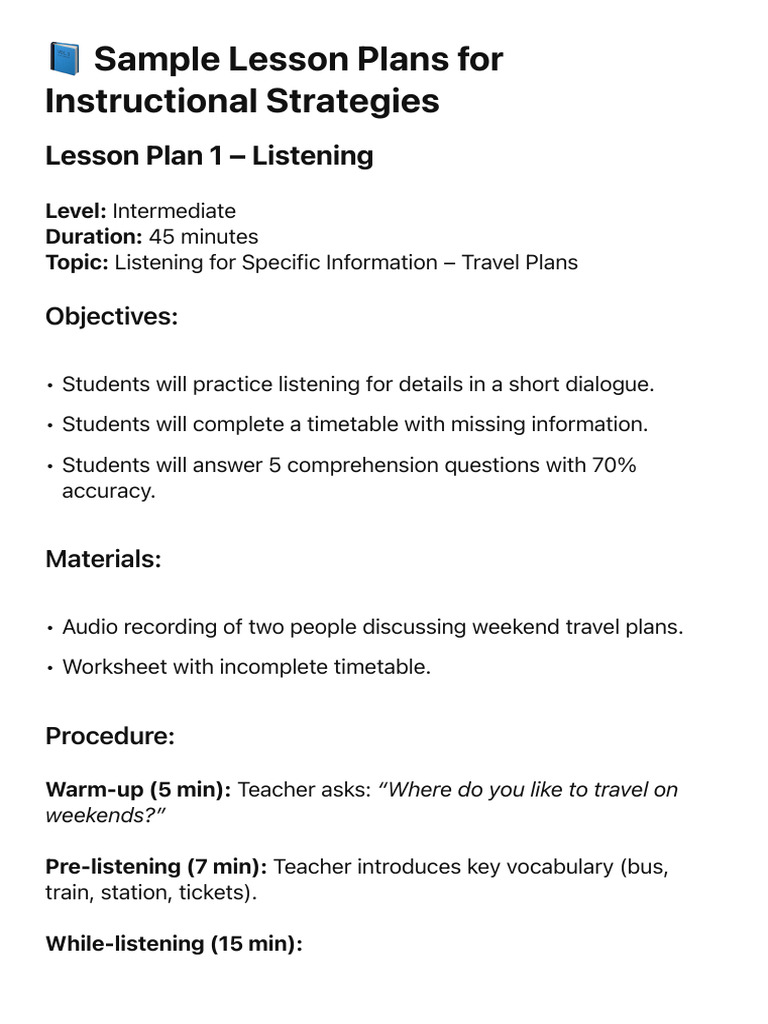 Sample Lesson Plans for ESL Skills | PDF | Reading Comprehension | Fluency