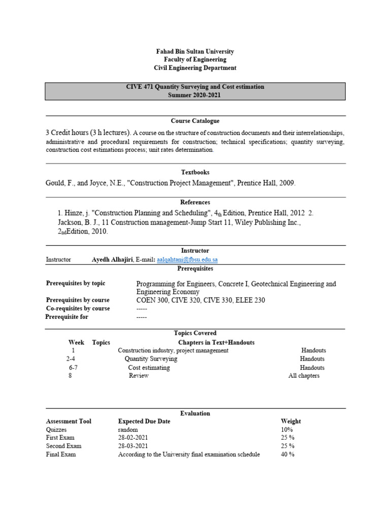 ABET CIVE 471 syllabus | PDF | Engineering | Civil Engineering