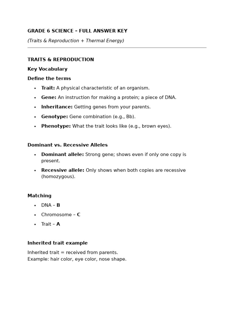 Grade 6 Science Answer Key: Traits & Energy | PDF | Genotype ...