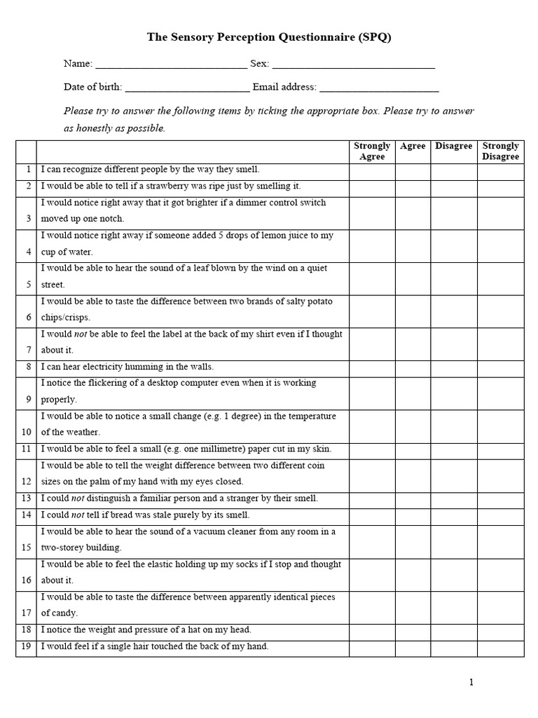 Sensory Perception Questionnaire (SPQ) | PDF