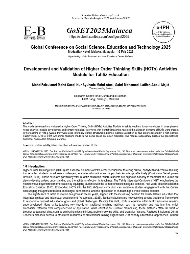 HOTs Module for Tahfiz Education | PDF | Learning | Curriculum
