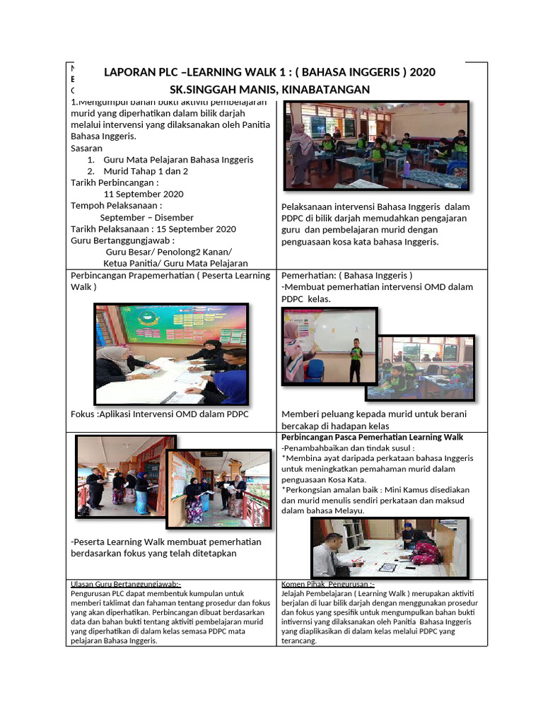 Laporan 1 Page PLC Learning Walk Panitia Bahasa Inggeris | PDF