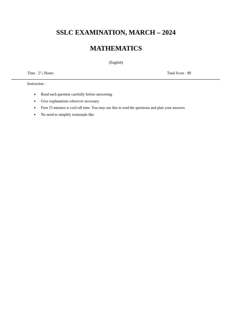 SSLC March 2024 Mathematics Exam Guide | PDF