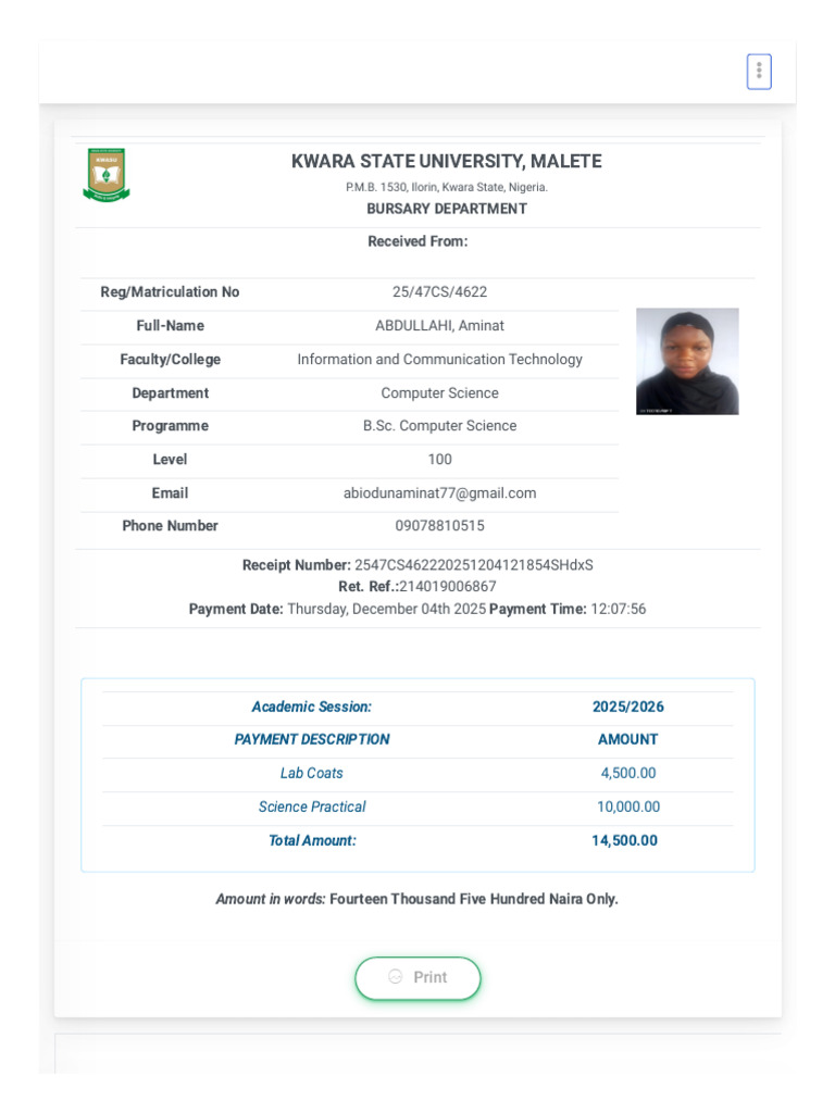 KWASU B.Sc. Payment Receipt 2025 | PDF