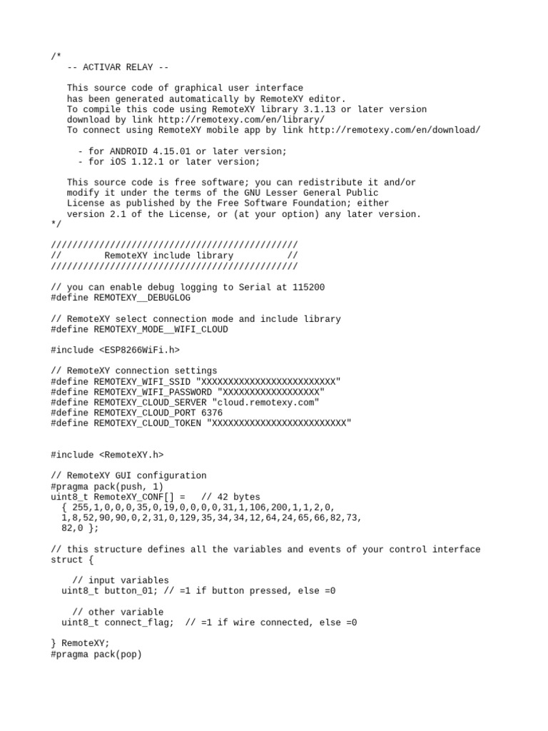 RemoteXY Relay Control Code | PDF