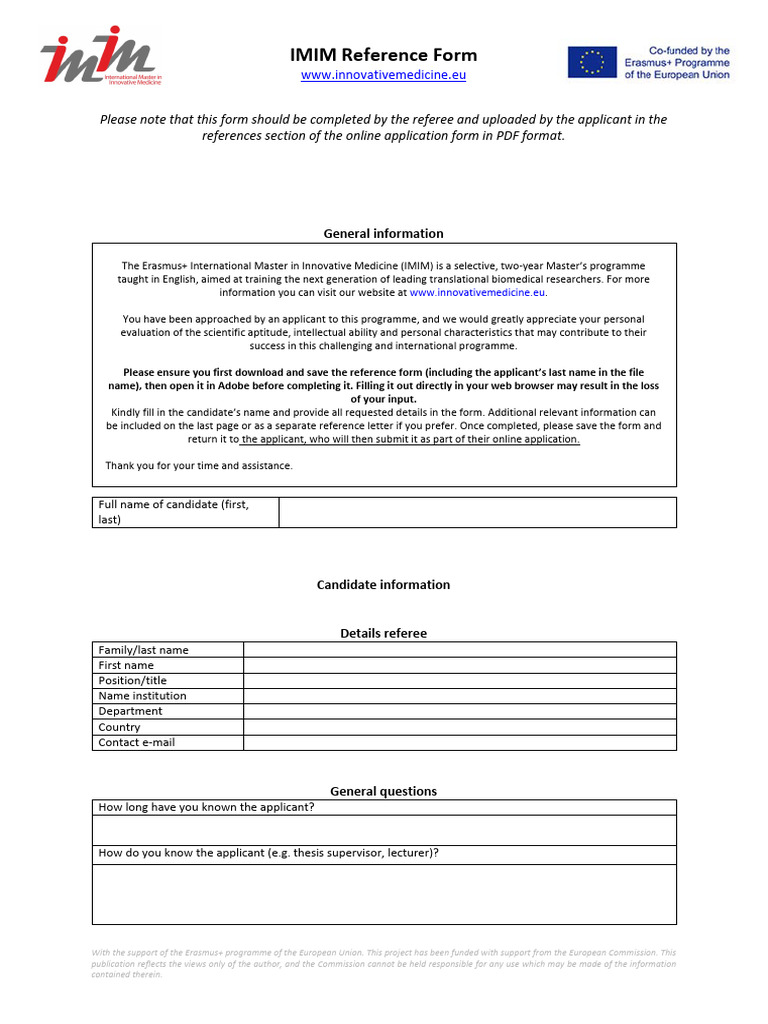 IMIM Reference Form for Applicants | PDF | Thesis
