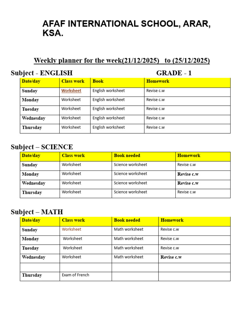 Weekly Planner for Grade 1 (Dec 2025) | PDF