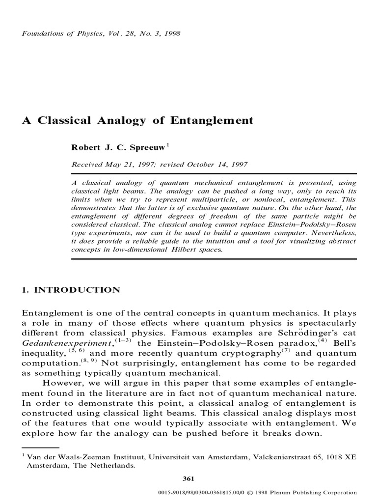 Classical Analogy of Quantum Entanglement | PDF | Quantum Entanglement ...