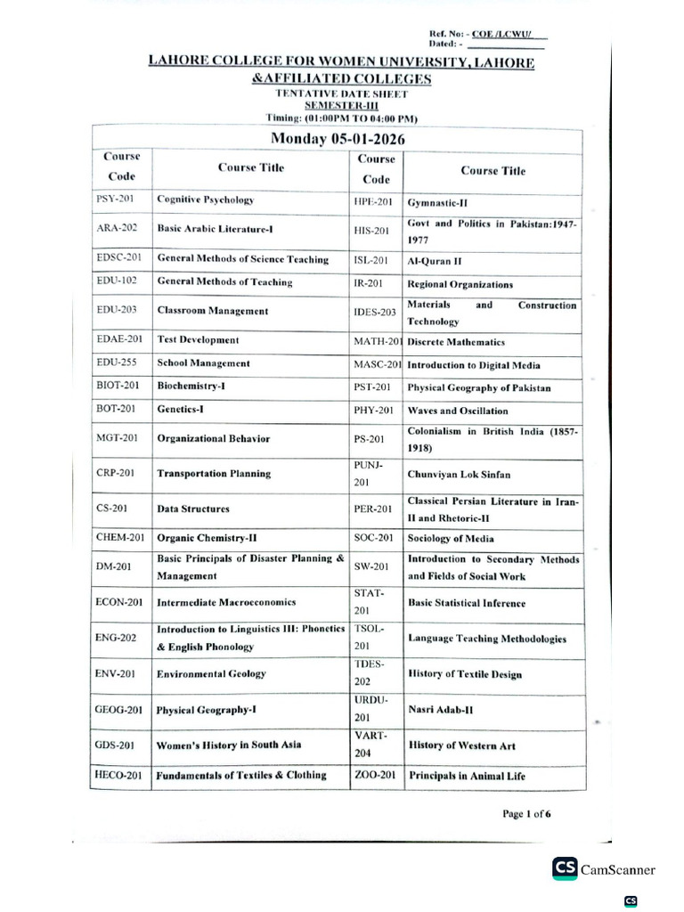 Tentative Date Sheet Semester 3 2026 | PDF