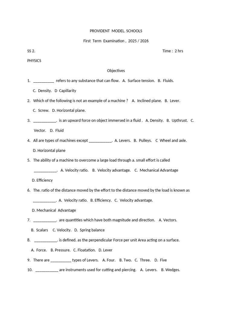SS2 Physics Exam Questions 2025/26 | PDF | Pressure | Force