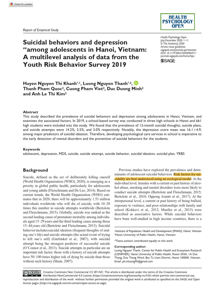 (2020) Suicidal Behaviors and Depression Among Adolescents in Hanoi ...