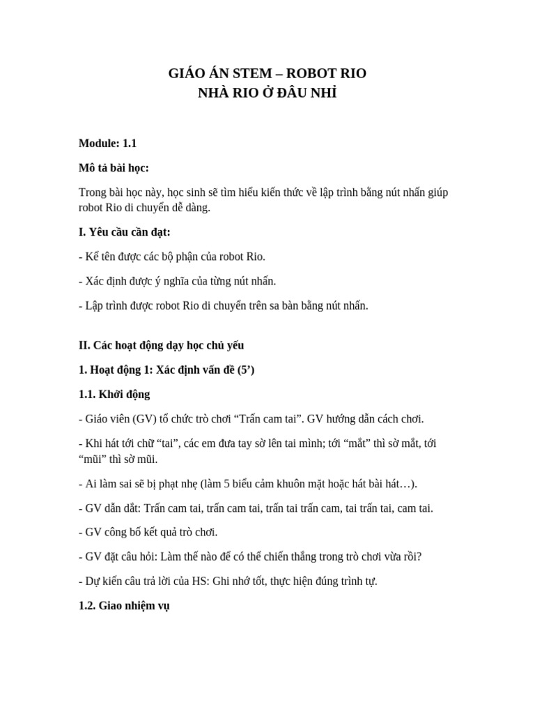Giao An STEM Robot Rio Nha Rio o Dau Nhi | PDF