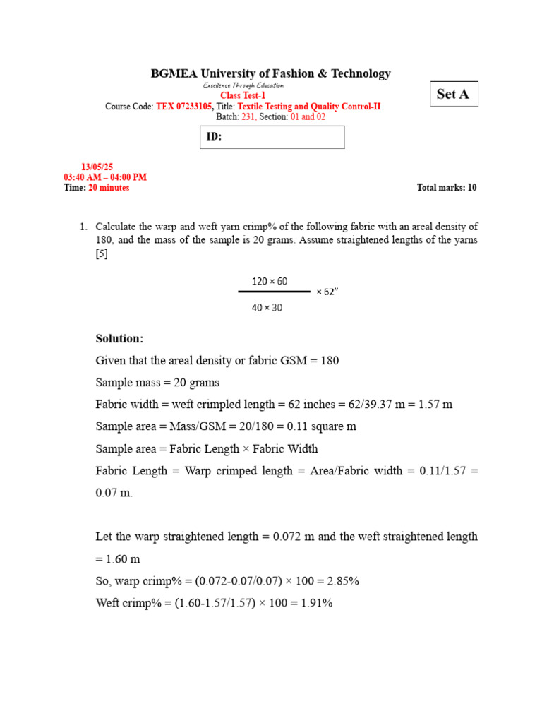 Textile Testing Calculations Guide | PDF