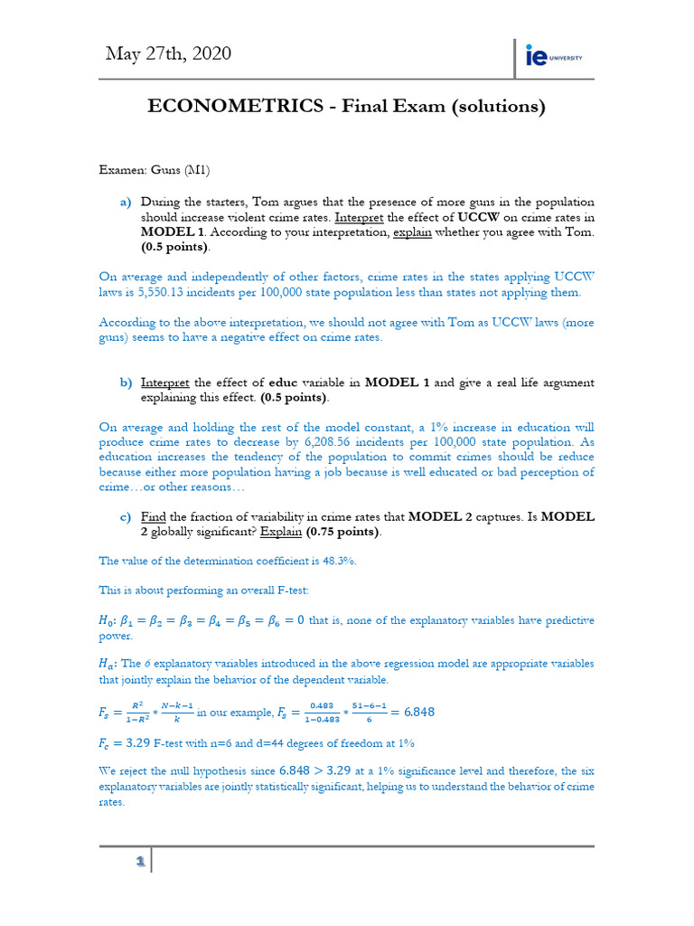Econometrics Final Exam Solutions on Crime Rates | PDF ...