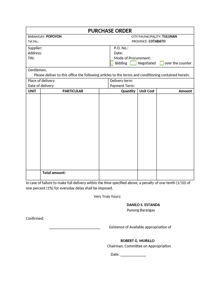 Barangay Purchase Order Template | PDF