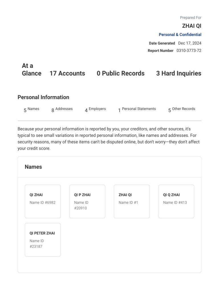 Personal Credit Report Summary | PDF | Credit Score | Credit