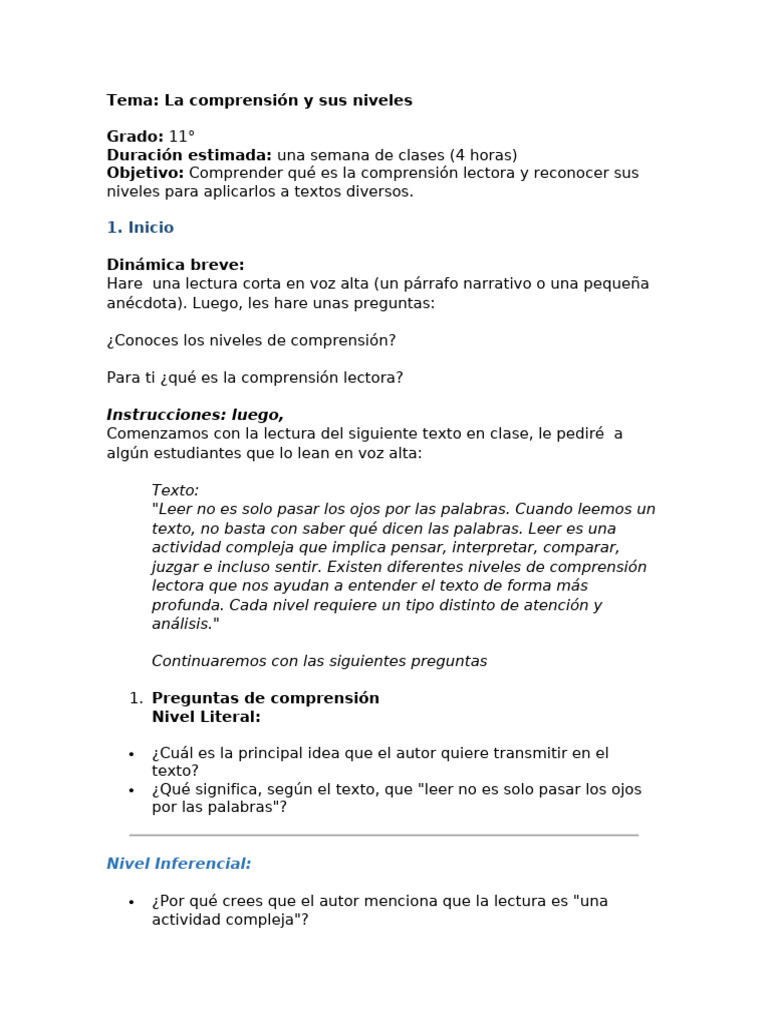 Niveles de Comprensión Lectora en Clase | PDF | Comprensión lectora