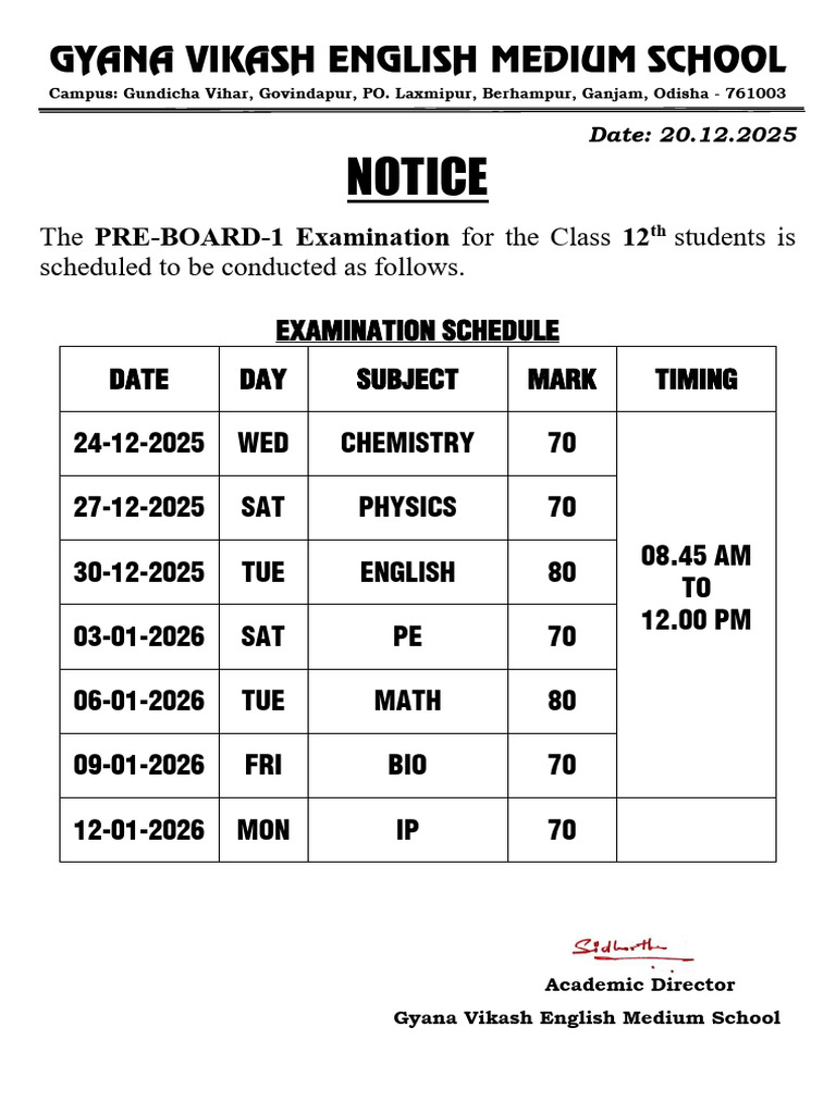Class 12 Pre-Board Exam Schedule 2025 | PDF