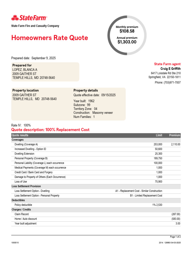 State Farm Homeowners Insurance Quote | PDF | Insurance | Deductible