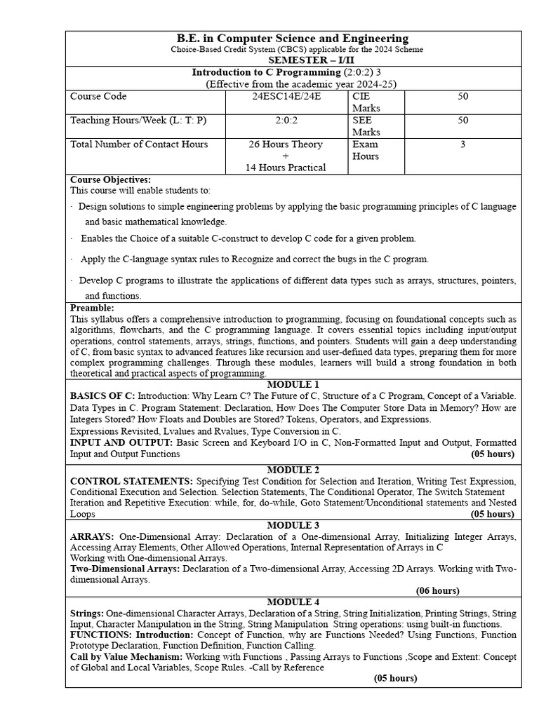 C Programming Course Syllabus 2024 | PDF | Pointer (Computer ...