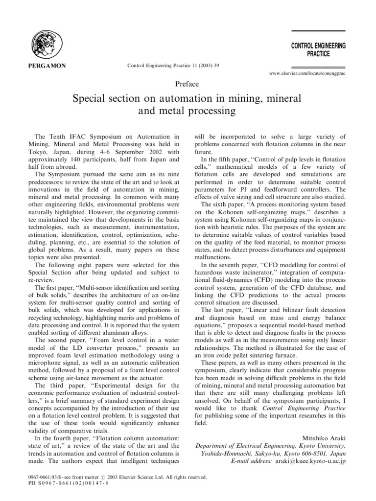 Special Section on Automation in Mining, Mineral and Metal Processing ...