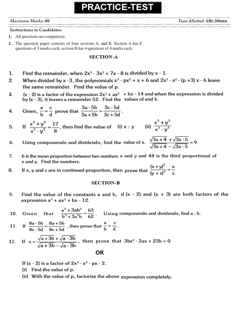 TEST PAPER(Ratio Proportion, Reminder Theorem.) | PDF | Chess Theory ...