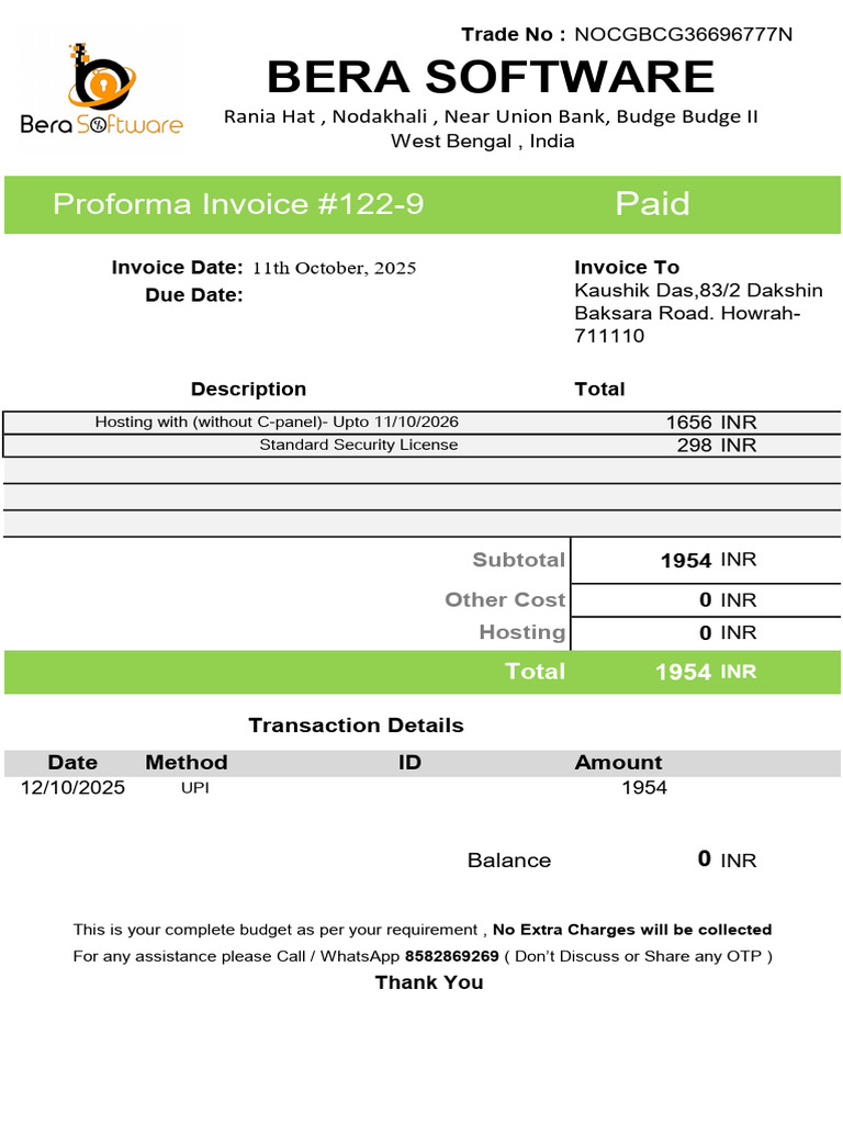 Proforma Invoice #122-9 Details | PDF