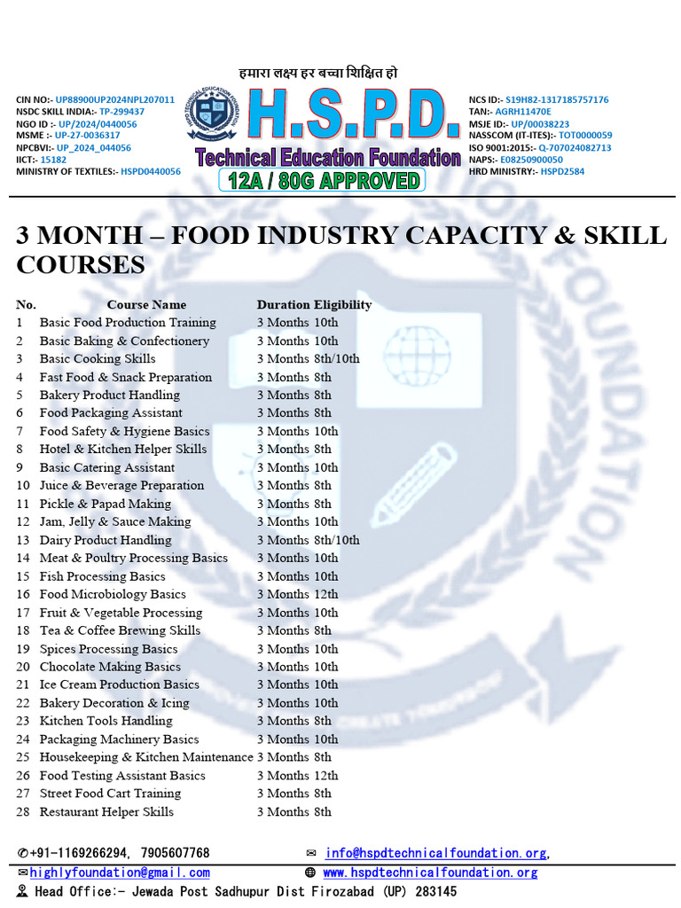 Food Industry Skill Courses Overview | PDF | Foods | Refrigeration