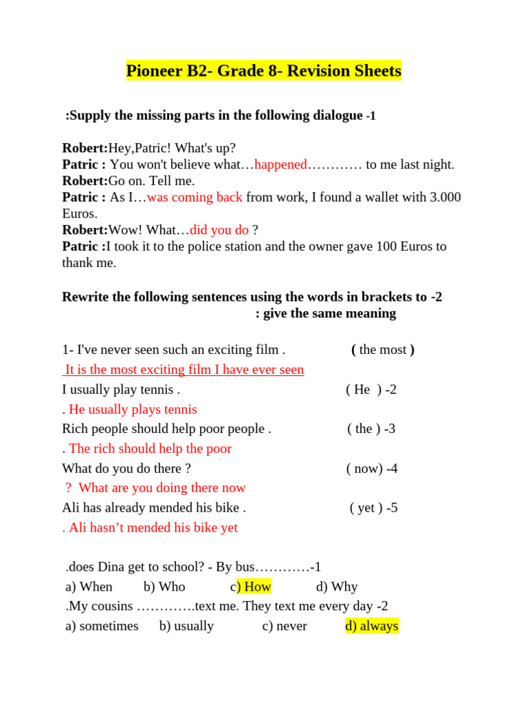 Grade 8 English Revision Sheets | PDF