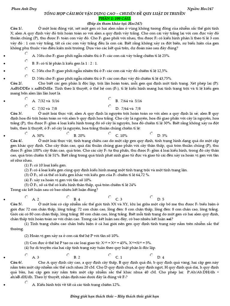 100 Cau Van Dung Cao Quy Luat Di Truyen | PDF