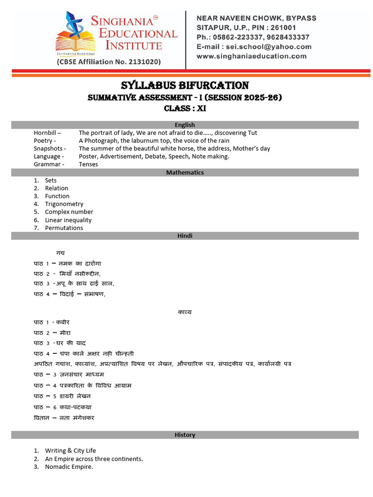 Class XI Syllabus Overview 2025-26 | PDF | Chemistry