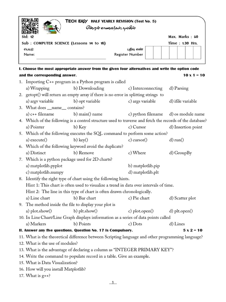 12CS_EM_HalfYearlyRevTest_5 | PDF | Python (Programming Language) | C++