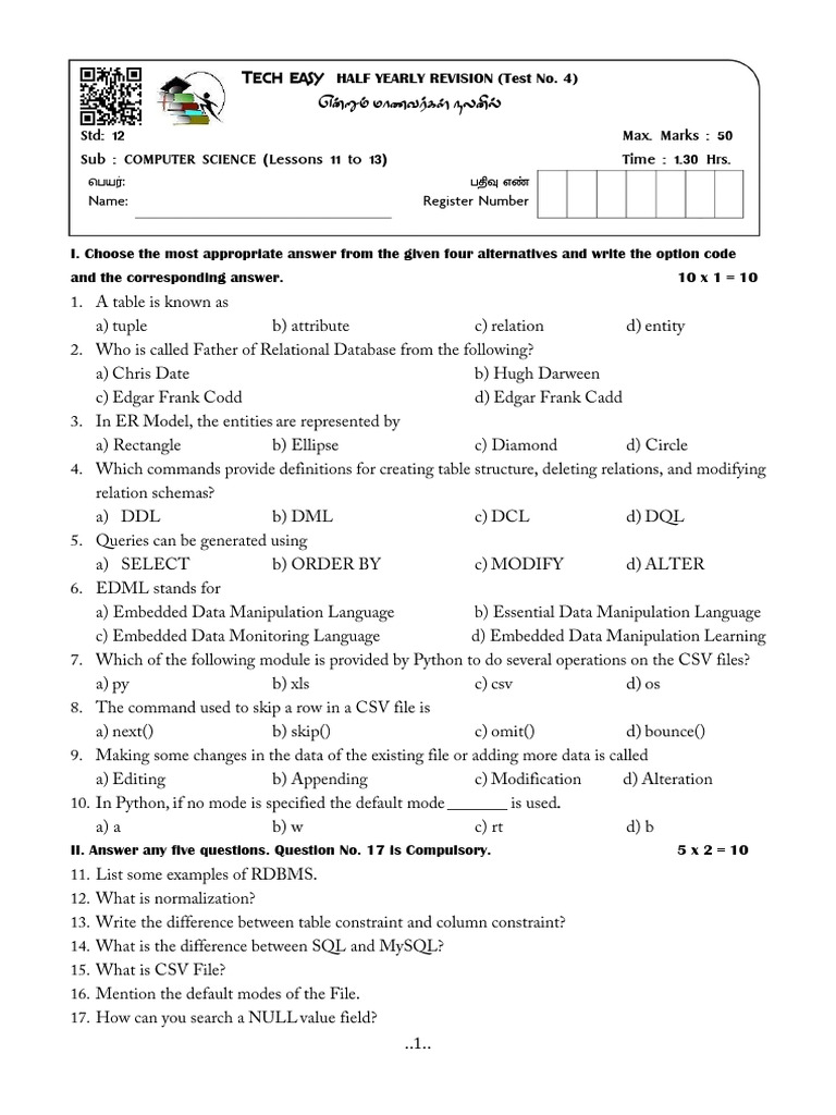 12CS_EM_HalfYearlyRevTest_4 | PDF | Relational Database | Relational Model