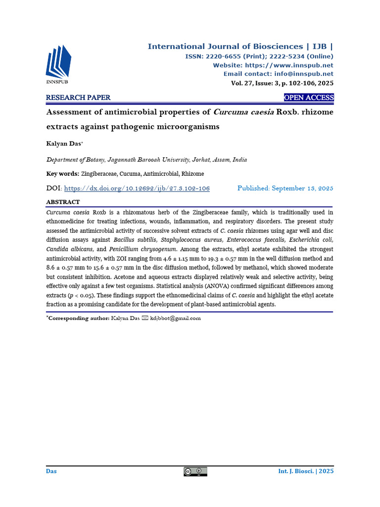 Assessment of antimicrobial properties of Curcuma caesia Roxb. rhizome ...