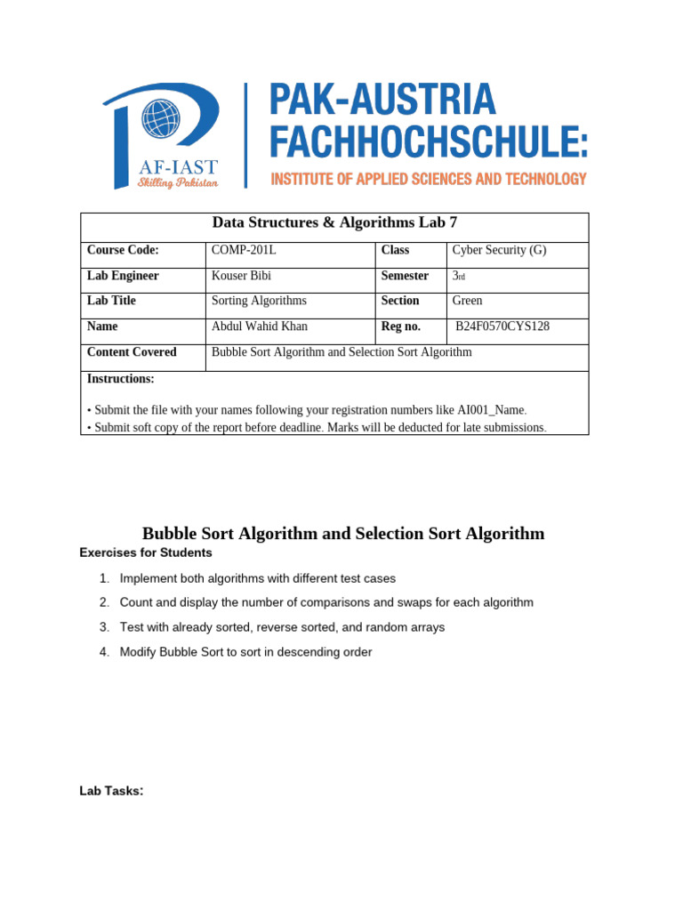Sorting Algorithms Lab: Bubble & Selection | PDF