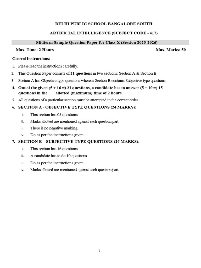 Class X AI Midterm Sample Paper 2025-26 | PDF | Machine Learning ...