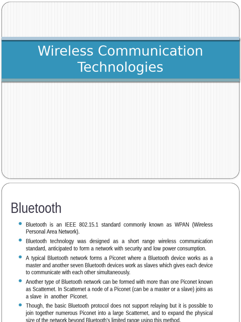Overview of Wireless Communication Technologies | PDF | Wi Fi | Bluetooth