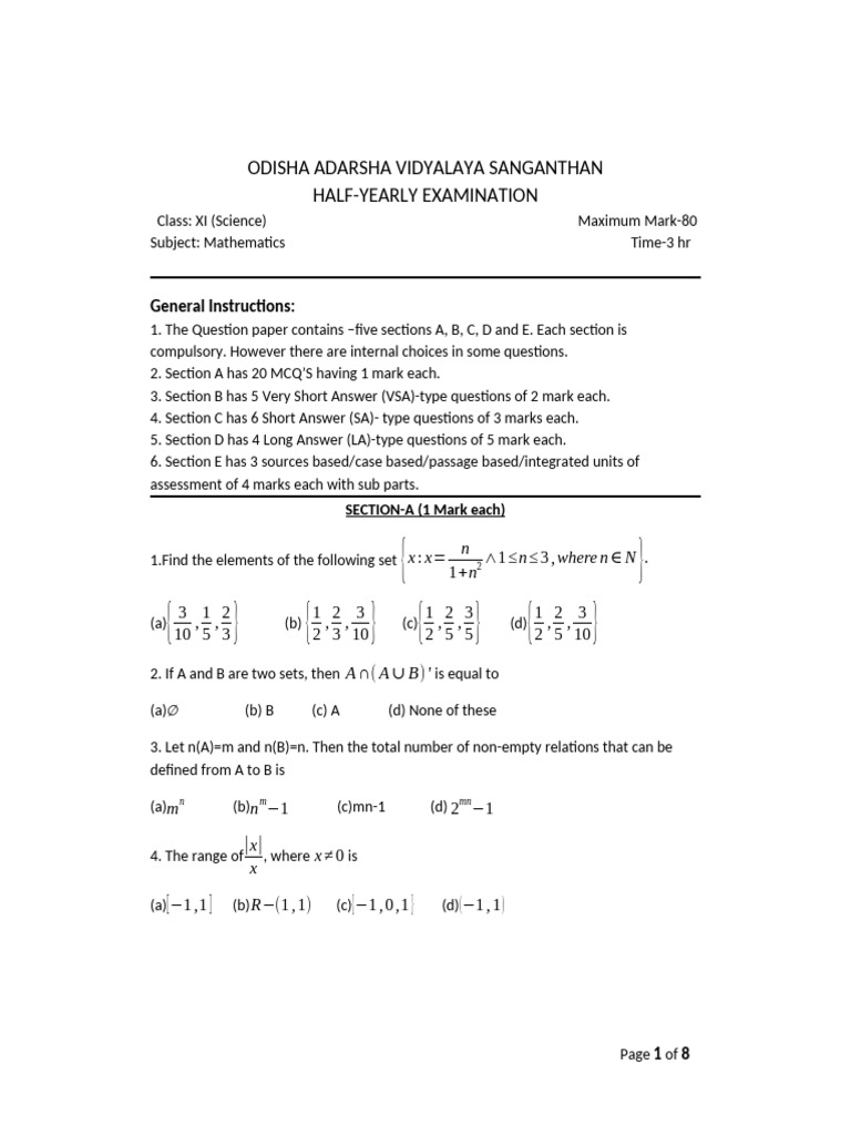 Odisha Class XI Mathematics Exam Paper | PDF | Function (Mathematics ...