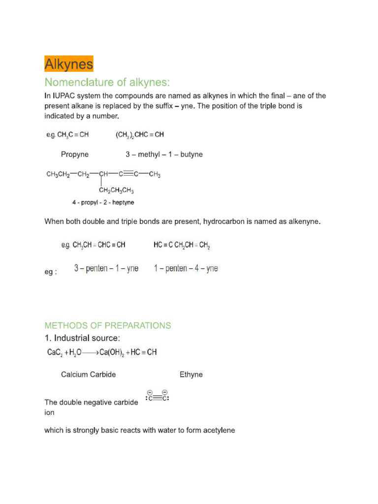 Alkynes Chapter Short Notes | PDF
