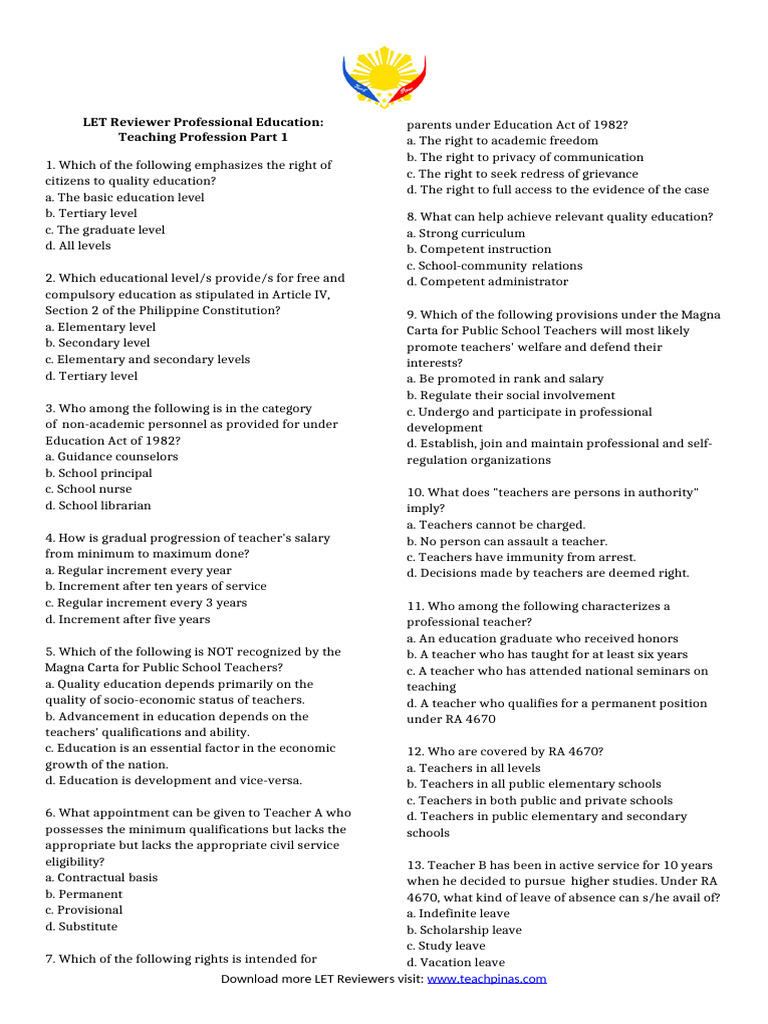 LET Reviewer: Teaching Profession Insights | PDF | Teachers | Profession