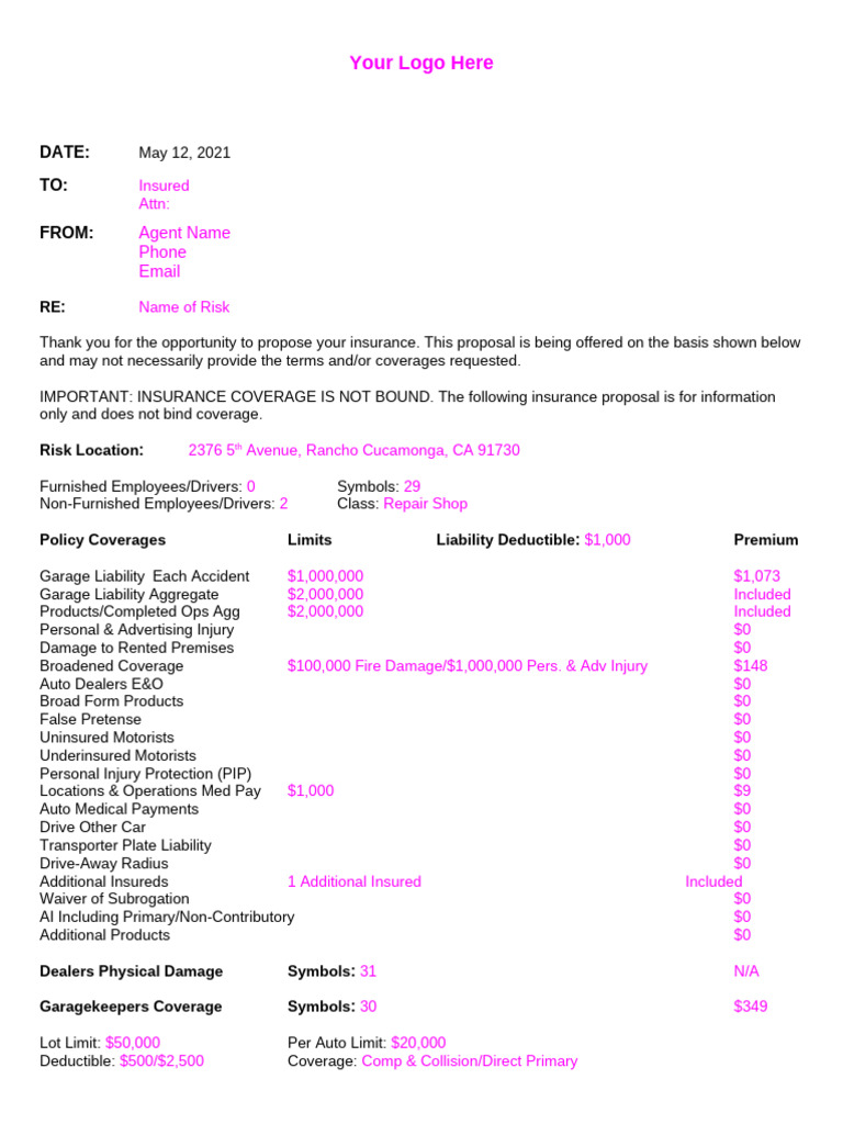 Insurance Proposal for Repair Shop | PDF | Insurance | Business Law