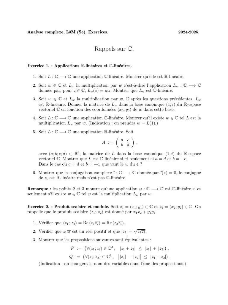 Exercices d'analyse complexe L3M S5 | PDF | Ensemble convexe | Matrice ...