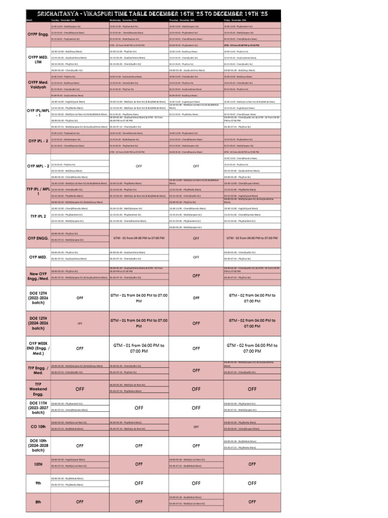 Time Table - December 16th, 2025 To December 19th, 2025 | PDF