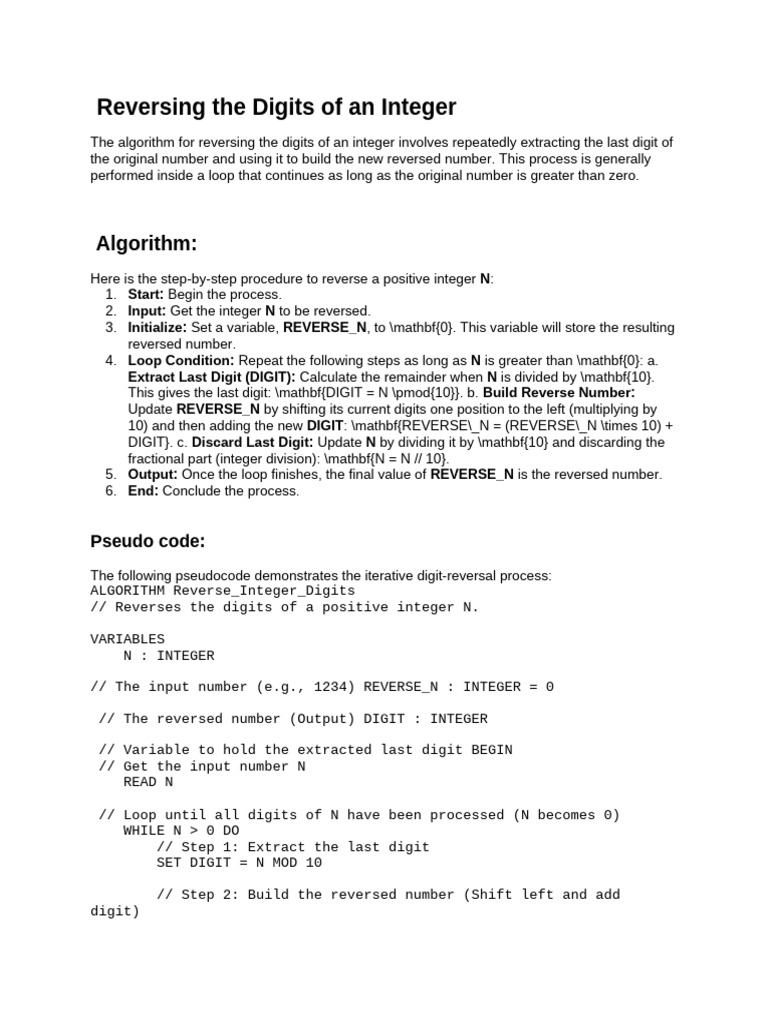 Reverse Integer Digits Algorithm | PDF | Summation | Decimal