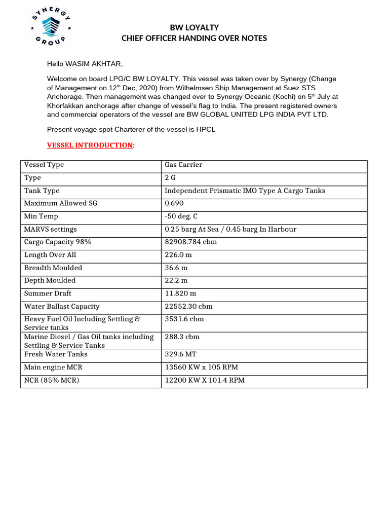 BW Loyalty Vessel Handover Notes | PDF | Pump | Valve