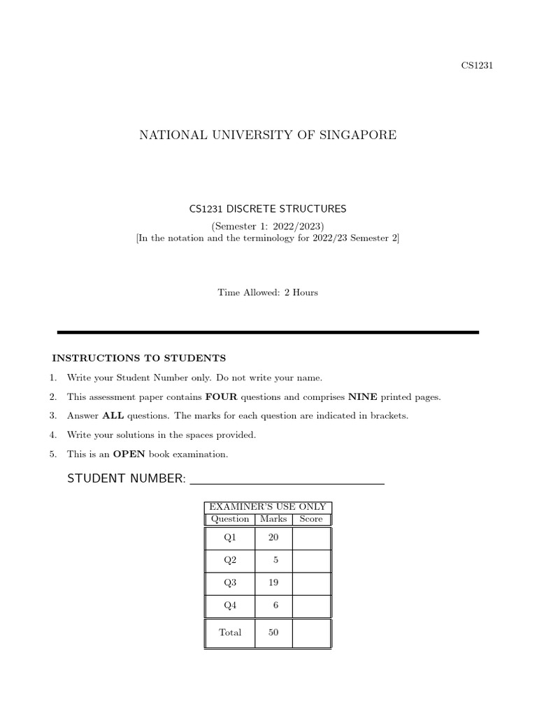 CS1231 Discrete Structures Exam 2022/23 | PDF | Functions And Mappings ...
