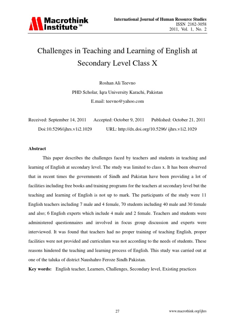 Challenges in English Teaching at Nasir School | PDF | Teachers ...