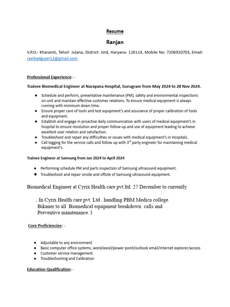 Biomedical Engineer Resume Summary | PDF